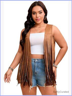 Plus Size Fringe Sleeveless Vest Open Front Western Costume Top